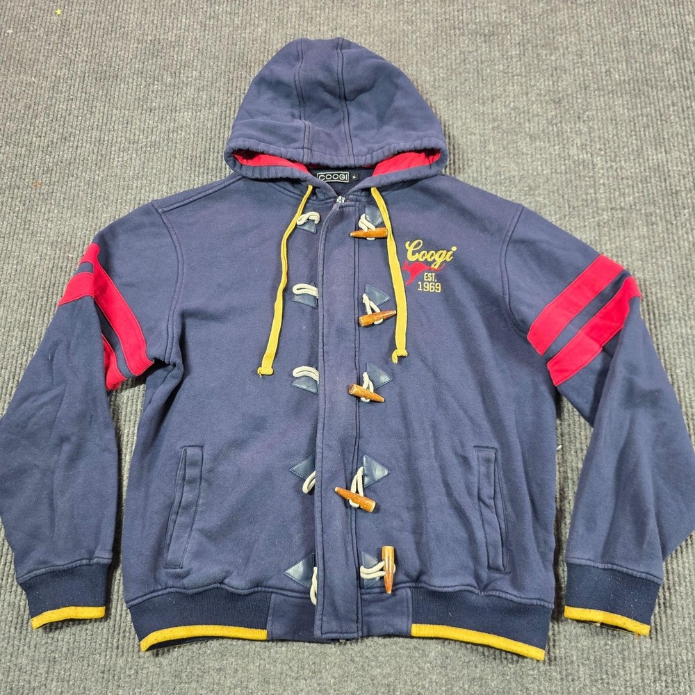 Coogi Jacket Mens XL Blue Fleece Hooded Toggle Full Zip Varsity Striped Sleeves